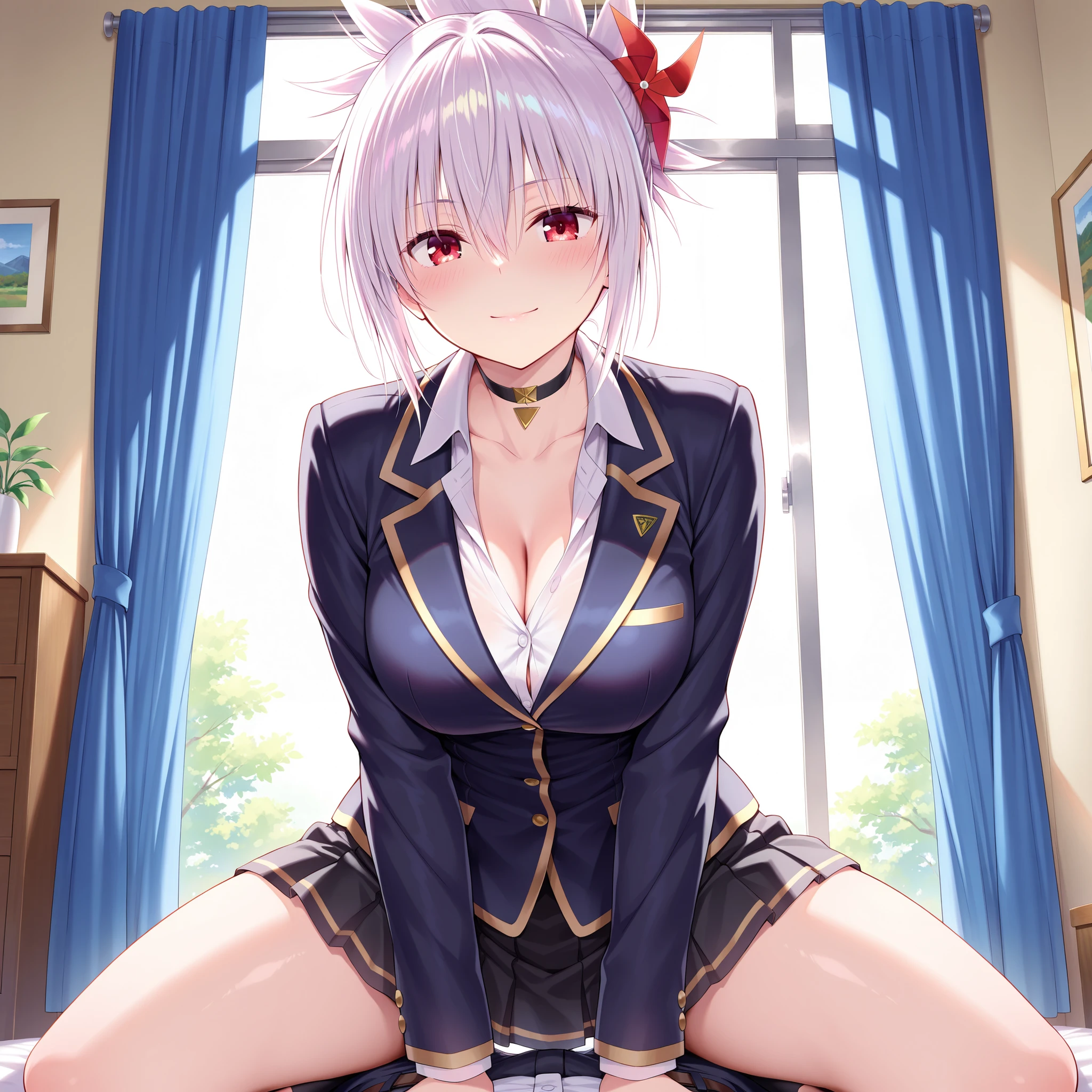 olo,masterpiece,best quality,super fine illustration、finely detail 、clear picture、UHD、HDR, amazing quality, highres, absurdres, very aesthetic, high resolution, ultra detailed, perfect details,(masterpiece, detailed:1.2)、Kazamaki Matsuri (Ayakashi Triangle), short hair, white hair, folded ponytail, hair ornament, red pinwheel hair ornament, sidelocks, hair between eyes, bangs, red eyes, medium breasts, thighs, black choker, collarbone, cleavage, school uniform, black jacket, collared shirt, white shirt, long sleeves, miniskirt, black skirt, pleated skirt, black socks, mature female