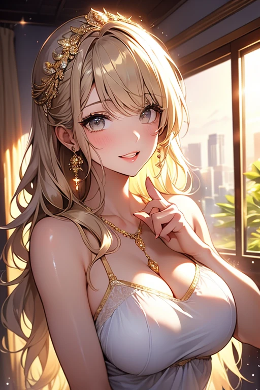 Princess , in castle, high quality, super quality, (detailed face:1.4) ,beautiful woman , golden eyes, long blonde hair , tight gorgeous dress, tiara, necklace , earring , sharpe eyebrow , beautiful bangs are covering her eyes , huge breast  ,upper body  , smile ,