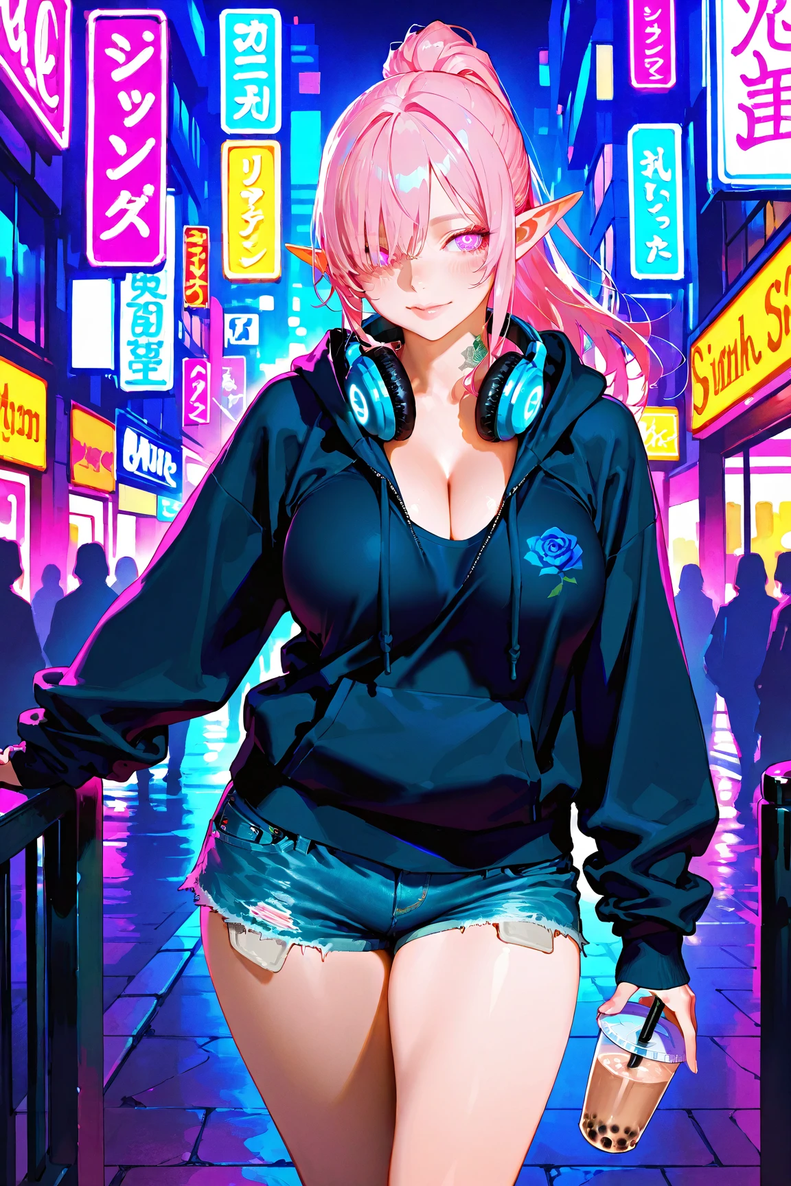 masterpiece,1girl,solo,incredibly absurdres,hoodie,headphones, street,outdoors,rain,neon lights, <lora:thickline_fp16:1>, light smile, hood up, hands in pockets, looking away, from side,(nipples:1.2), medium breasts, long hair, pink hair, (breast hold:1.2), tattoo, rain, wet, full body,, masterpiece, best quality, highly detailed, (8k), (4k), HDR, beautiful detailed girl, beautiful detailed face, beautiful detailed eyes, perfect shadow, masterpiece, best quality, perfect skin, shiny skin, perfect hands, perfect girl,
