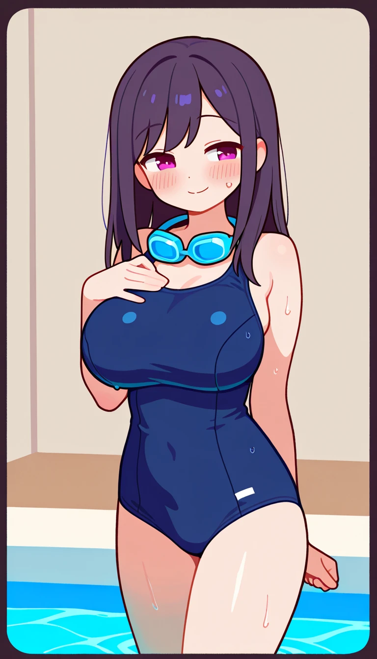 kasumigaokautaha, ((full body)), ((full pose)) utaha kasumigaoka, black hair, hairband, long hair, (red eyes:1.5), masterpiece, best quality, highres, kasumigaoka utaha, 1girl, solo, ((standing)), ((red glasses)), ((blue one body swimsuit:1.4)), ((hands behind head)), medium breasts, blushing, black hair, hairband, red eyes, ((white hairband)), bangs, medium breasts, blushing, ((happy face)), ((open mouth)), cowboy shot, ((looking at viever)), ((view from down)), bathroom background