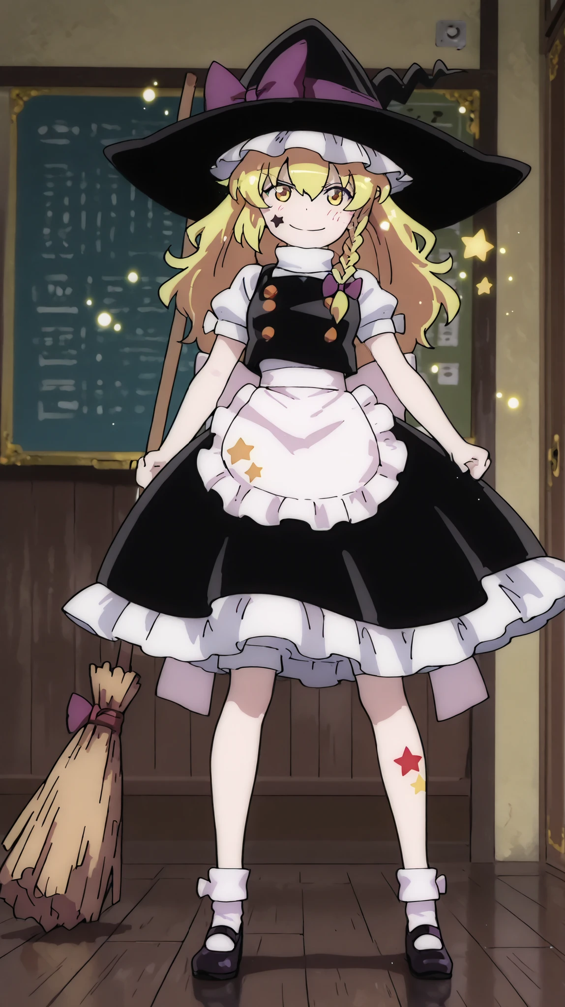 quality(masterpiece、最高quality、High Resolution、Beautiful face down to the detail、Anatomically Correct、),I can get angry with my whole body、
Touhou Project、A girl、1 person standing、many particles of light are visible in the dark、shining brightly under your feet、kirisame marisa 、
kirisame marisa,( golden hair color、mischievous smile、Standing on a broom、{{X}}、),
I can see my whole body from head to toe、Red star mark、yellow star mark、blue star mark、holding an octagonal box has a symbol Of a colorful floating star、hair blowing in the wind、There are countless lasers shining behind、
A composition where you can see the full picture、Moonlit sky background。