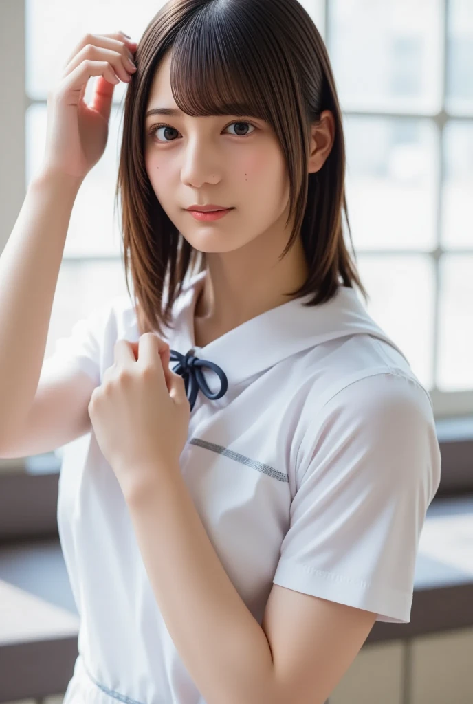 (Realistic、Like a photograph、Live Action、8K, Realistic, RAW Photos, Best image quality: 1.4), Single-lens reflex camera、RAW Photos, Highest quality, Realistic, Very detailedな CG Unity 8K 壁紙, Written boundary depth, Cinematic Light, Lens flare, Ray Tracing, Realistic background、Many people々々:1.4、((Japanese schoolgirl:1.3、Uni shape skirt:1.3)、Big Breasts)、((Ultra-Dense Skin))、 1 female,Cute high school girl squatting、Squat down and see 、(Detailed white lace :1.5)、((Girls sitting in a school classroom、Skirt flipped up、(whole body:1.5)、Smiling at school in Japan))、Pink inner color hair、short hair:1.2、tie your hair with a hair clip、I like that style、stylish、Very detailed、Pay attention to the details、Perfect outfit、(Sunburned skin)、Beautiful legs:1.1、View from below the front
