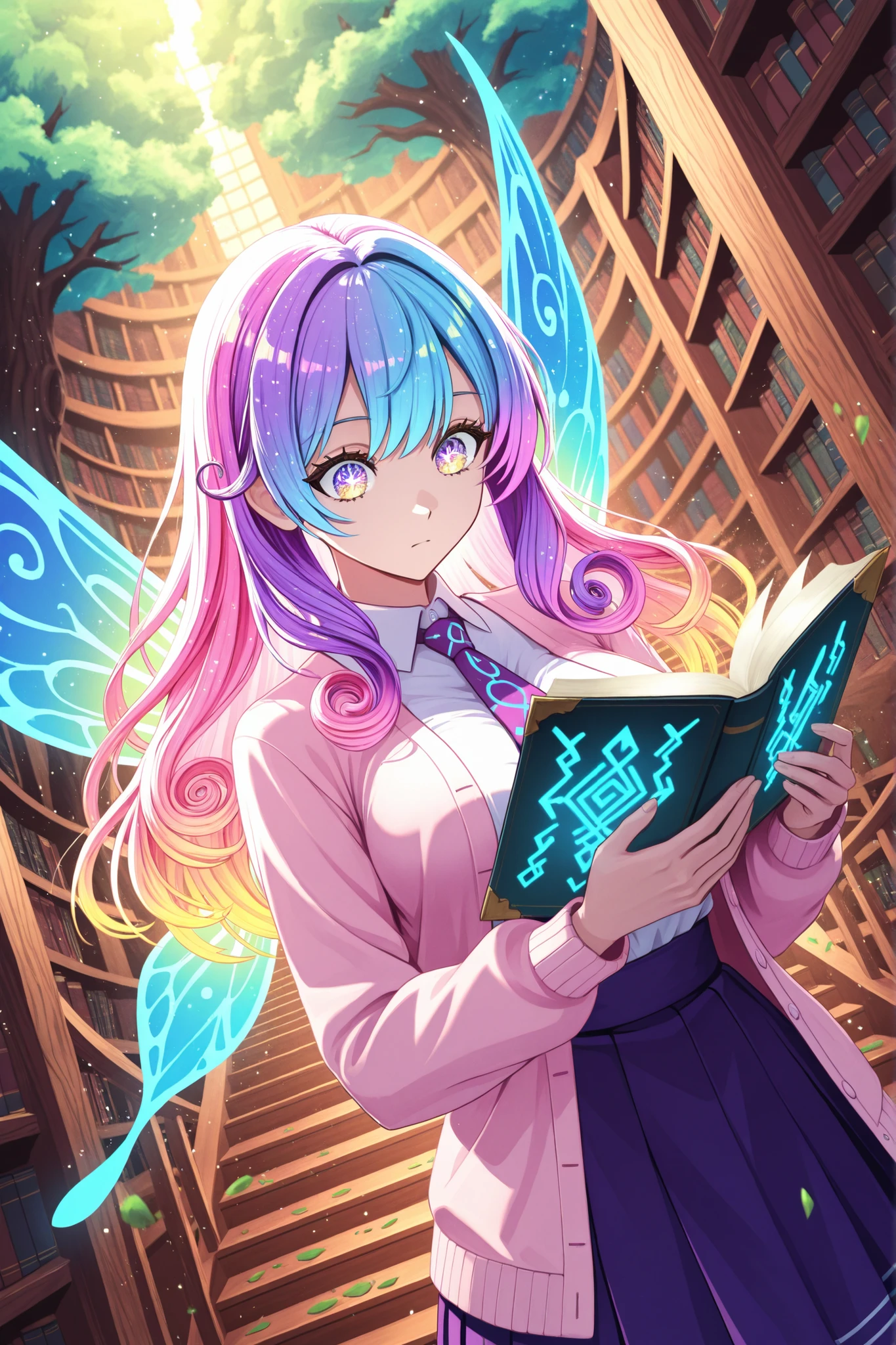 (Dutch angle))(obra-prima, melhor qualidade), dynamic angle, olhando para baixo, ((close up of a girl)), upper body, retrato, ((magic runes , Runas brilhantes, runas coloridas)), ((magic runes on arms)), ((segurando livro, no ar, flutuando)), ((colorful splash effect, swirling colored particles)), olhos coloridos, ((folhas caindo)), ((biblioteca, balaustrada, vidro rosa, tree roots on the ground, paredes de madeira)), ((bark walls, Estantes de livros, spiral wooden stairs, biblioteca)), ((tamanho micro, huge tree branch)), ((fairies gathered below)), ((fadas voadoras)), olhos brilhantes, ((asas coloridas, asas de fada)), cabelo despenteado, ((cabelo colorido, cabelo Stark, cabelo brilhante)), cabelo muito longo, ((modest school uniform, Sleeveless pink blouse , light pink cardigan, saia roxa, colored purple tie)), ((multicolored uniform)), ((clothes with colorful details)), ((skirt with colored glass finishes)), Faixa, ((light particles, colored particles)), dynamic illustration, dramatic lighting,