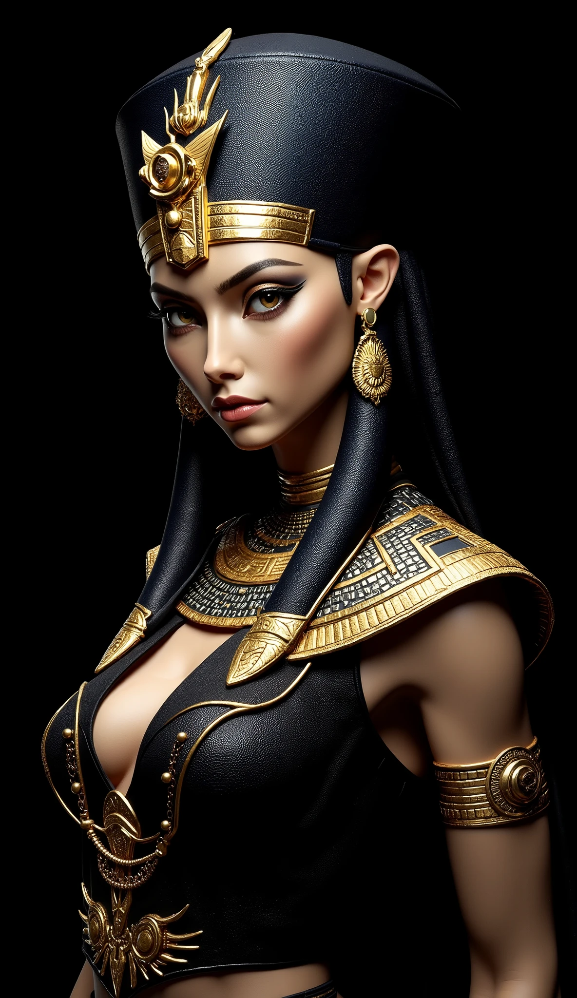 A 3D rendering of a woman in a black and gold outfit with a dark blue Egyptian pharaoh headpiece. Beautiful, pale female Egyptian pharaoh portrait