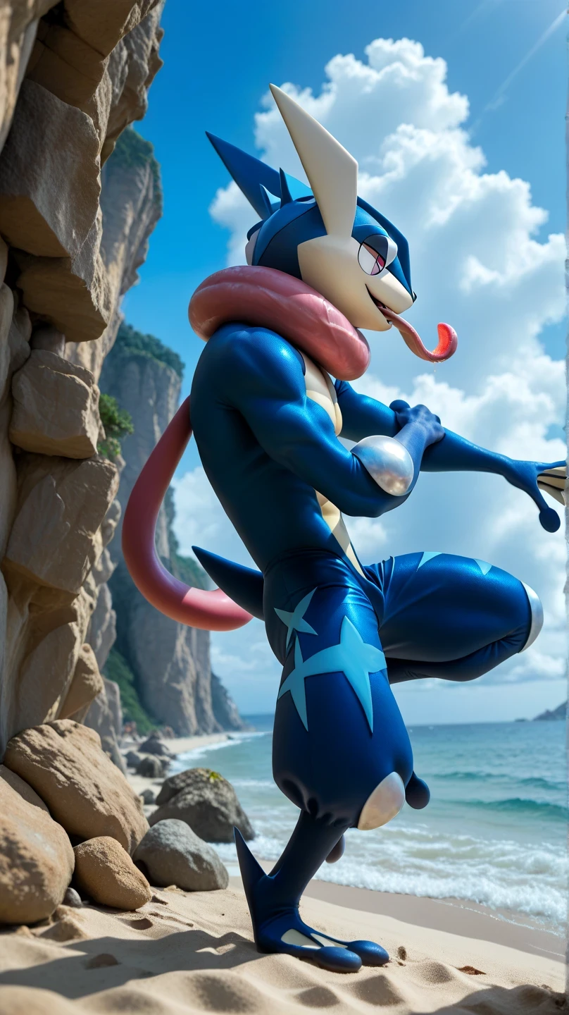 ( masterpiece, mejor calidad:1.2),Alone,greninja male \(Pokémon\),Pokémon \(creature\), full body, there are no humans, arms extended , blue skin , tight pants looking at the spectator ,blue sky, posture: Standing on two legs , piernas abiertas , husky, husky, salivating, seductive look , Marked muscles, from below, on the beach, blue sky, white clouds, Blue Sea, Greninja , salivating, Look in relaxed, sticking out the long tongue of Greninja