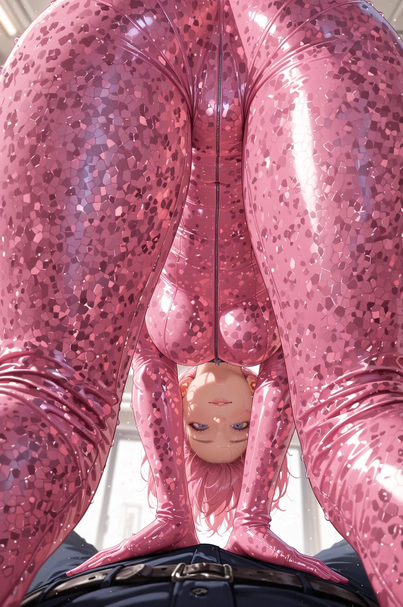 ((1 girl)),((Best Quality)),(Ray tracing),(Ultra-detailed),8k,(extremely detailed CG unified 8k wallpaper),Highly detailed,High-definition raw color photos,Professional Photography,((very beautiful big fat arround ass)),(beautiful very big bobs),very pink short hair,Amazing face and eyes,Pink eyes,(amazingly beautiful girl),((((very lots sperm cum on ass)))),school area,((pink skirt no pants)),squat,(((((big dildo on ass)))), side view, White school t-shirt