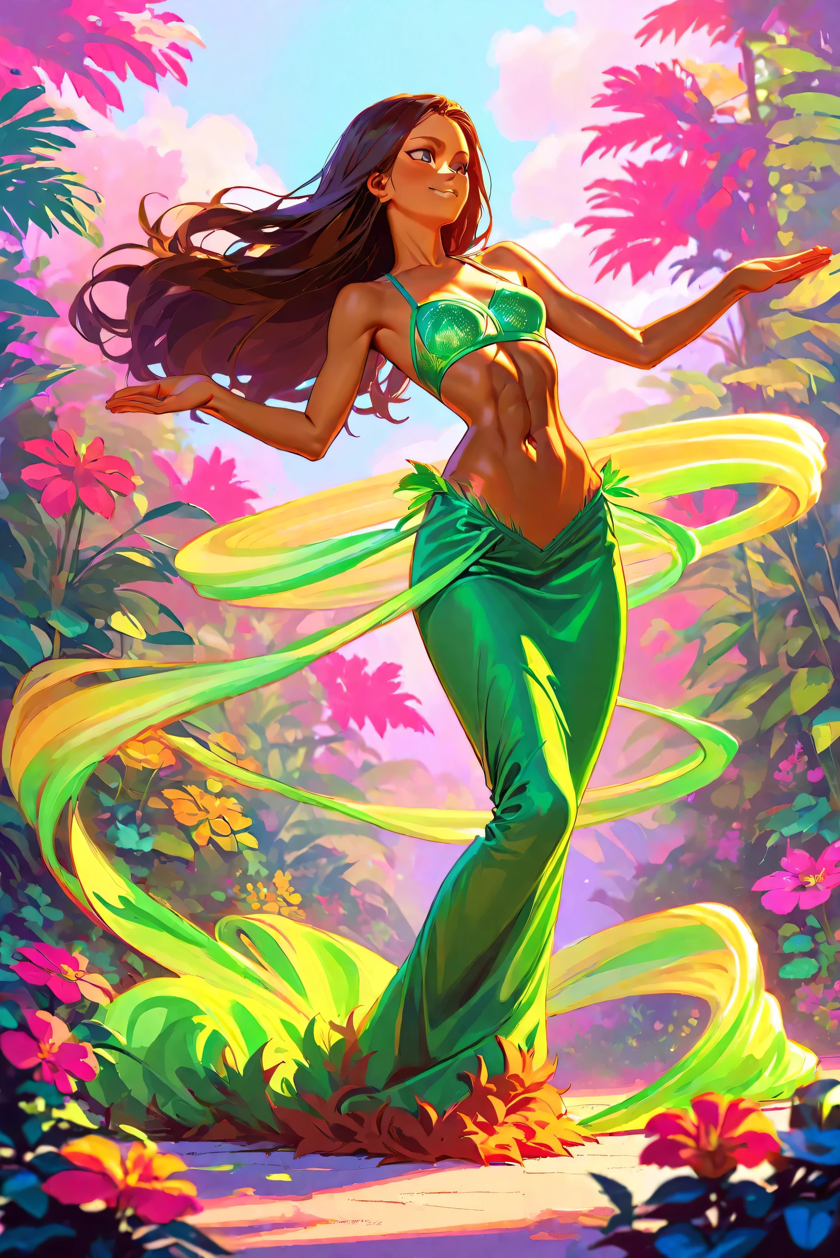 Full body shot of a young girl, , skinny, slim, girl in green, athletic, pumped up abs, straight long hair, dark brown skin tone, rich dark skin, specific shade (mahogany, espresso), dancing hula dance, jungle, Barbie in a Mermaid Tale animation style, smooth plastic-like skin texture, soft rounded shadows, long lashes, small cute nose, gentle smile, elegant pose, vibrant and clean colors, pastel background with fluffy clouds and flowers, cinematic soft lighting, --ar 9:16 --style raw