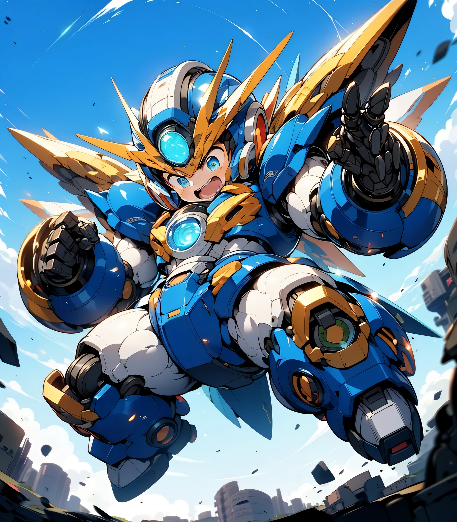 (((1 chibi boy in large robot costume, equip helmet, from below))), smile, small pupil, 1boy, male child, jitome, (chibi), (bulky:1.8), (((helmet))), ((looking down:1.5))), mechanical parts, (full armor:1.8), (mecha armor:1.8), (shoulder guards:1.2),(huger arms), ((mechanical arms:1.5)), (short legs), (huger body:1.8),victory pose, (heavy equipment:1.6), (from below), blue sky, white clouds, robot joints, becoming a mecha, mecha, (RARS), (HRS), ROBOTANIMESTYLE, cute, ((masterpiece)), vibrant colors, 8k, best quality, ultra detailed illustration, ((best quality)), ((high resolution)), flawless skin textures, shiny oiled skin, extremely detailed anime eyes , extreme light and shadow