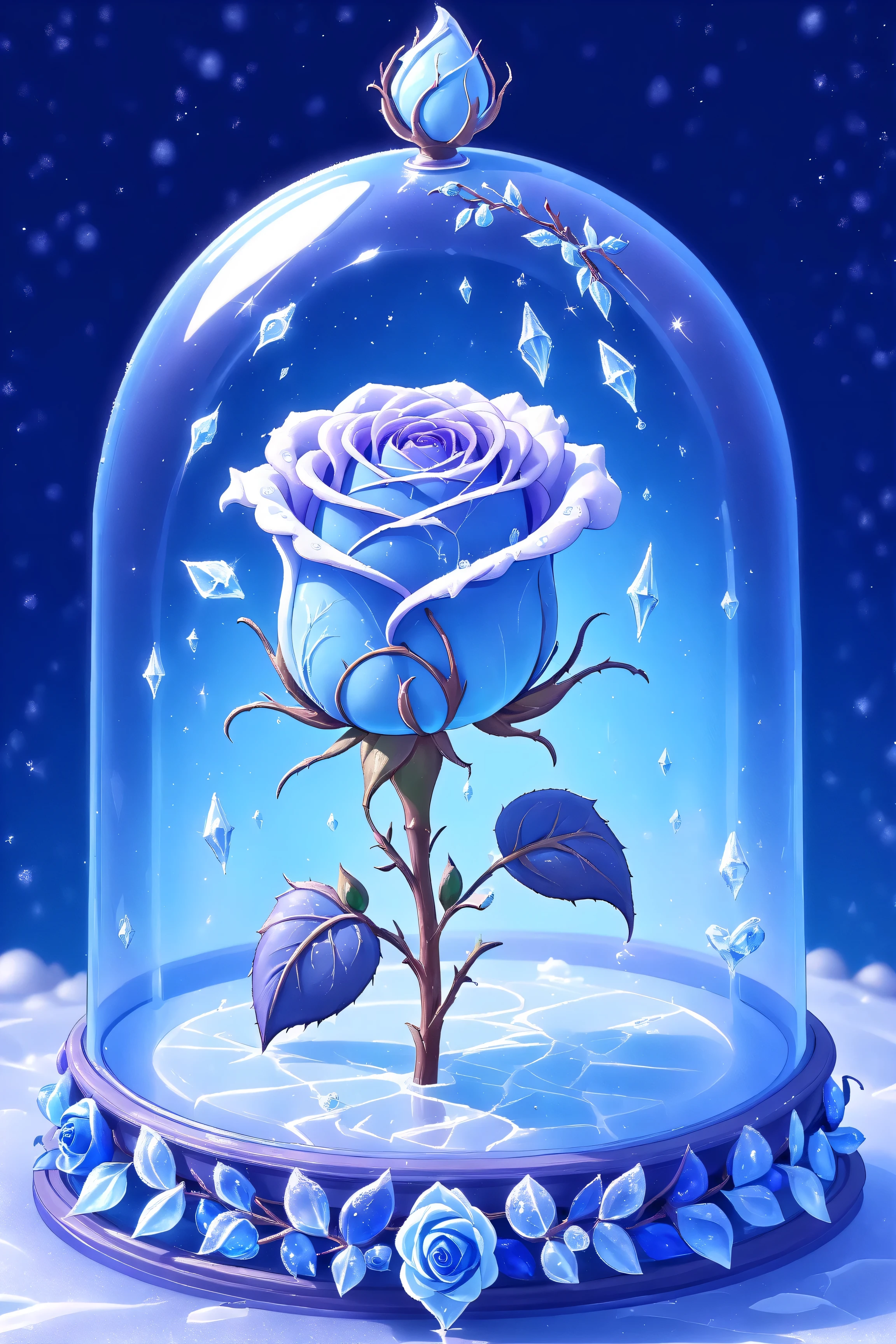 Cute Cartoon,CuteCartoonAF, frozen (((blue delicate rose under a glass dome))) (((nightshade covered in crystals of ice))), ((((breathtaking romantic background)))), Bloodborne vibes, 4k, masterpiece, ultra high quality,
