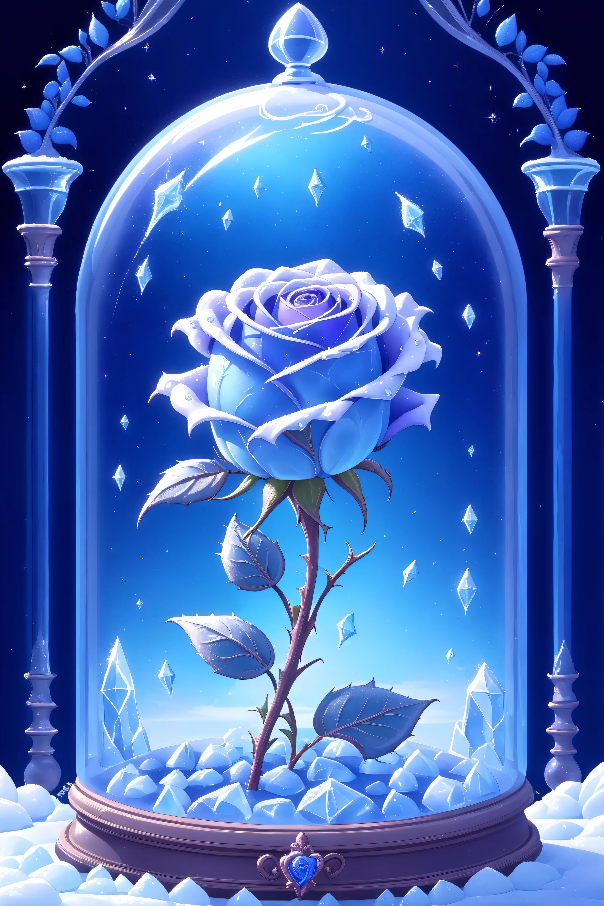 Cute Cartoon,CuteCartoonAF, frozen (((blue delicate rose under a glass dome))) (((nightshade covered in crystals of ice))), ((((breathtaking romantic background)))), Bloodborne vibes, 4k, masterpiece, ultra high quality,