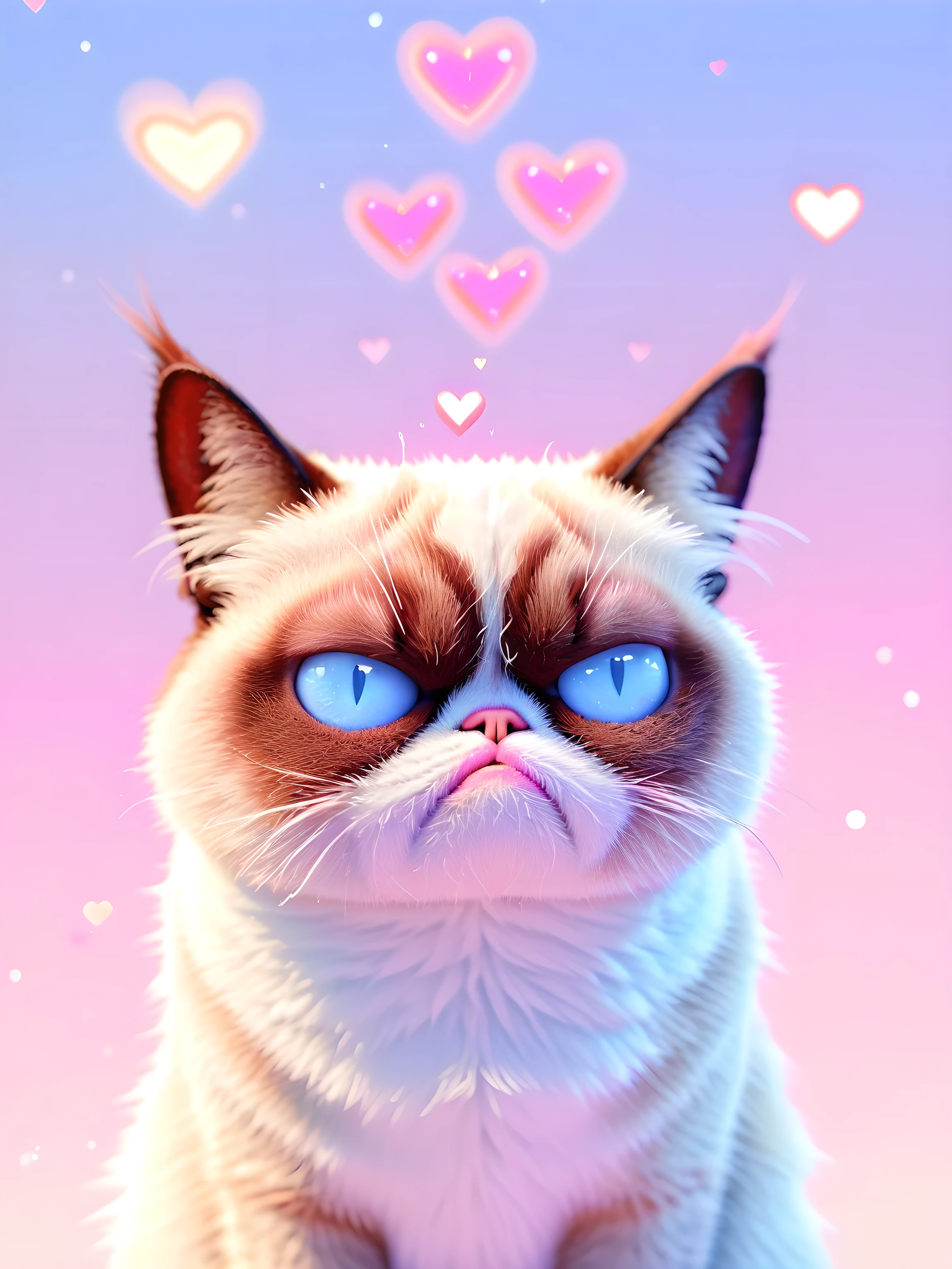 photo of very grumpy grumpy_cat, lovelyairxl, floating heart effect kawaiitech, cute pastel colors and symbols