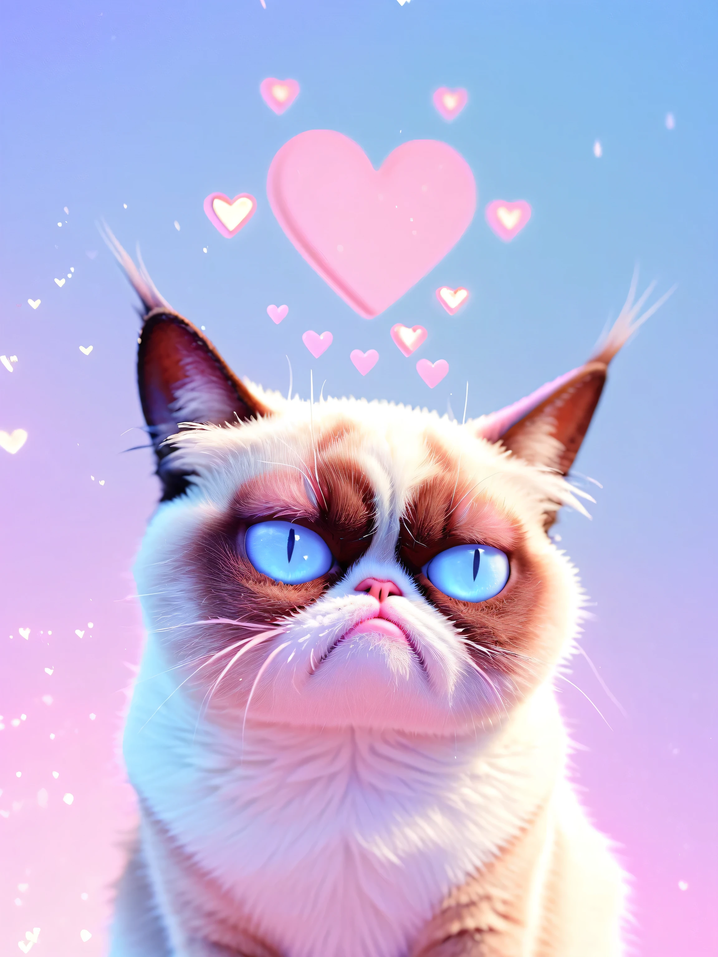 photo of very grumpy grumpy_cat, lovelyairxl, floating heart effect kawaiitech, cute pastel colors and symbols