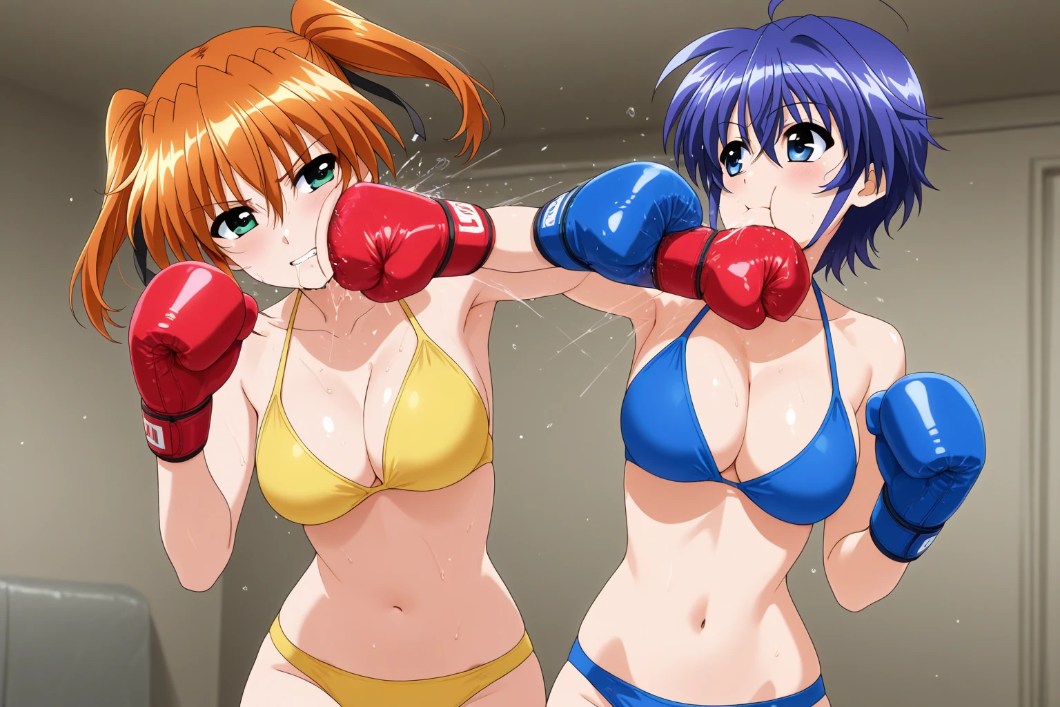 Two young beautiful Japanese idol mixed martial artists。bikini。big breasts。On the ring。are fighting。punch。serious expression。muscle。six pack。drenched in sweat。