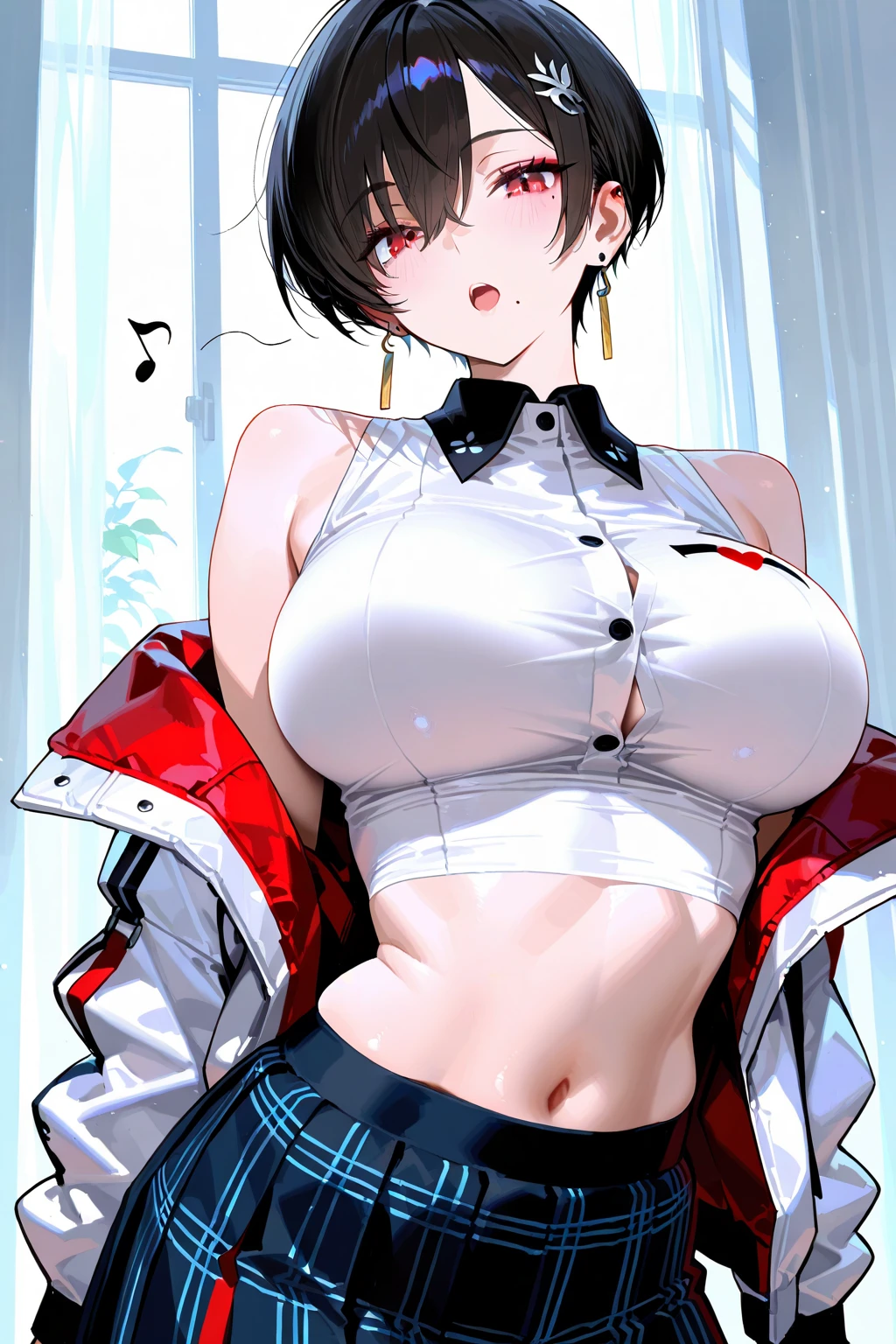 ((Pet leash from left)), (sad face), short hair, black skirt, white bikini, school uniform
