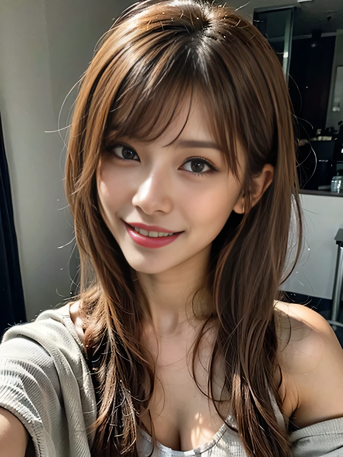 masterpiece, best quality, ultra-detailed, intricately detailed hyperdetailed, realistic, sharp features, highly detailed, sharp focus, (18 years old:1.3), perfect face, perfect symmetrically eyes, perfect full lips, hyper detailed, hyper realistic, high resolution, Fashion Model, Slender, Japanese Idol, brown hair, Stylish, Realistic, Photorealistic:1.3, Beautiful Face, light brown hair, messy hair, Beautiful hairstyle, Neat clothes, (grin), (tight fitting Black tops:1.2),