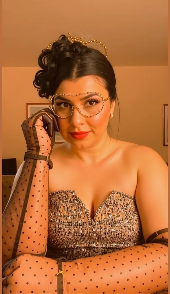 Photograph of a well dressed female aroused hyperrealist by David Hockney and Alphonse Mucha, photorealistic, dynamic lighting, art station, poster, volumetric lighting, highly detailed face, 4k, award-winning, 1 woman, darkness, deep shadows, low key, portrait, bob hair, yellow and Purple mixed hair, glasses, Big breasts, looking straight at the viewer, (fractal pattern in the background:1.2), Beautiful Evening Dress 