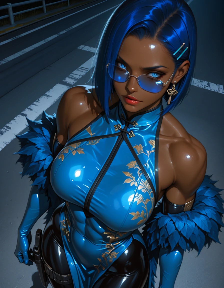thicc ebony skinned female, tattoos, vibrant colors, mesmerizing eyes, flowing hair, confident posture, natural lighting, realistic details, professional portrait, high resolution, vivid colors, bokeh, art photography