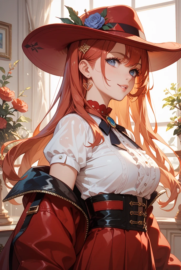 (8k, best quality, masterpiece:1.2), ultra-detailed,best quality, ultra high resolution, professional lighting, red-haired woman, cowboy hat, smoking a cigarette, blood in mouth, vampire, wild west setting, pale, beautiful, hot, sexy, old west outfit, cowboy outfit, shy, red eye, seductive look, piercing look, mysterious look --auto --s2