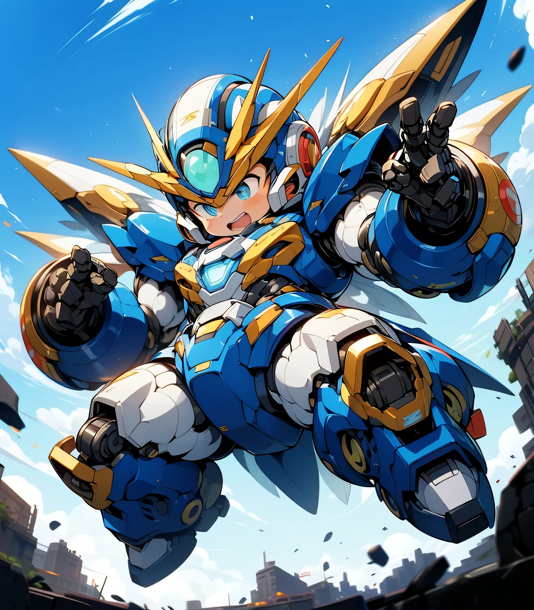 (((1 chibi boy in large robot costume, equip helmet, from below))), small pupil, 1boy, male child, jitome, (chibi), (bulky:1.8), (((helmet))), ((looking down:1.5))), mechanical parts, (full armor:1.8), (mecha armor:1.8), (shoulder guards:1.2),(huger arms), ((mechanical arms:1.5)), (short legs), (huger body:1.8),victory pose, (heavy equipment:1.6), (from below), blue sky, white clouds, robot joints, becoming a mecha, mecha, (RARS), (HRS), ROBOTANIMESTYLE, cute, ((masterpiece)), vibrant colors, 8k, best quality, ultra detailed illustration, ((best quality)), ((high resolution)), flawless skin textures, shiny oiled skin, extremely detailed anime eyes , extreme light and shadow