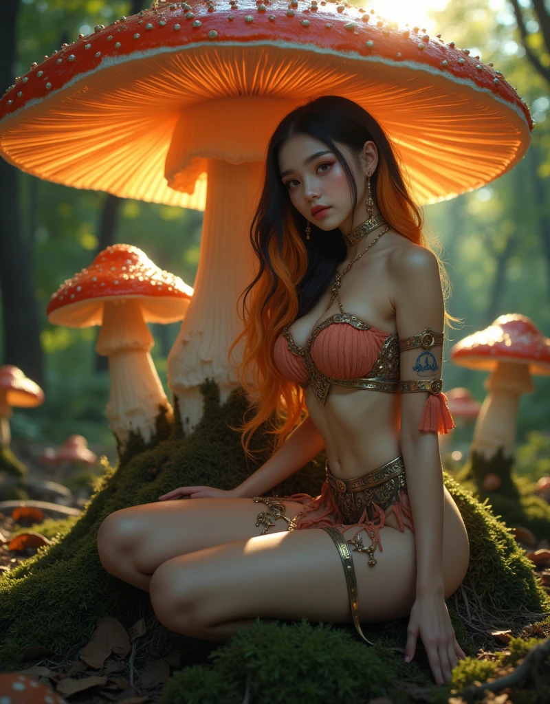 <lora:tentacles001_0.5 :1>, transparent tentacles, glass tentacles, tentacle sex, best quality, masterpiece, illustration, (realistic, photo-realistic:1.37), amazing, finely detail, incredibly absurdres, huge filesize, ultra-detailed, highres, extremely detailed CG unity 8k wallpaper, ray tracing, nsfw, 1girl, A close up portrait of a busty young Korean woman with bright makeup and sparkling eyes, embraced by glowing pink crystalline tentacles in a magical fantasy scene. The transparent, glistening tentacles are made of smooth pink quartz and are lovingly wrapped around her nude body, tenderly coiling around her arms, thighs and torso. More delicate pink tentacles caress her smiling face as she gazes with joyful intoxication. The radiant magical creature holds her in its tender embrace within an enchanted forest glade at dusk. Giant mushrooms and flowers glow in the mystical scene. Sparkling rays of sunshine filter through the trees, illuminating the magical moment. This highly detailed fantasy digital painting has vivid storybook colors.