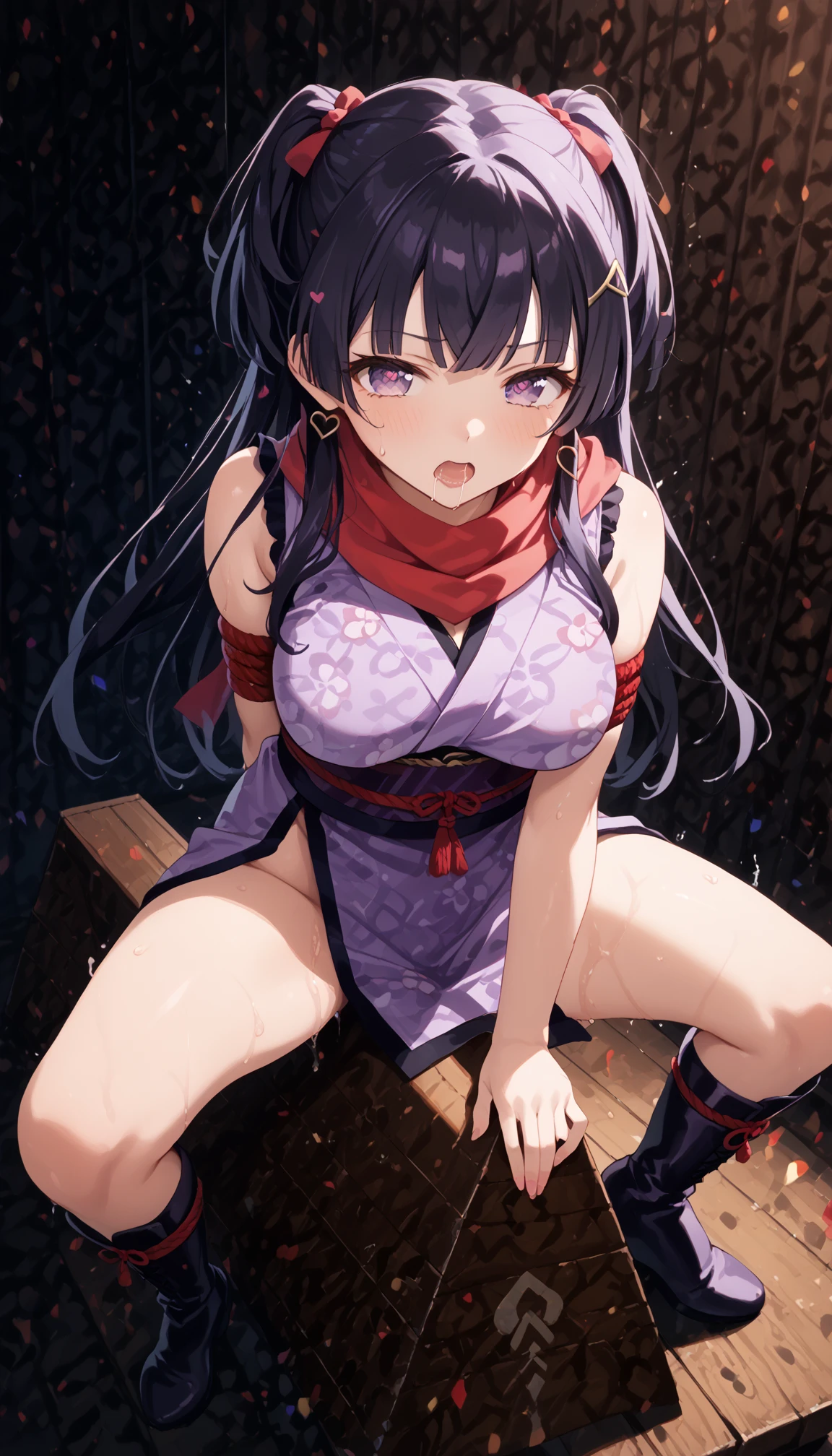 sheena fujibayashi, (masterpiece), (best quality), 1girl, (ass focus:1.1), strong legs, japanese clothes, black leggins, (pivix), detailed mouth, detailed face, (detailed eyes:1.2), BREAK naughty face, black hair, ponytail, choker, cleavage, small breasts, cowboy shot, bokeh, detailed background <lora:add_detail:1> <lora:Sheena_Fujibayashi:0.7>