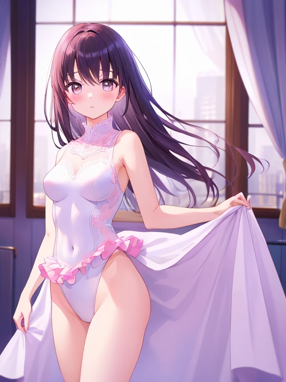top-quality、extremely delicate and beautiful、Soio、Soio、8-year-old little girl、japanes、elementary student、A dark-haired、((Pink leotard))、（highleg）dress room、Tiara on the head、A smile、is standing、Facing the front