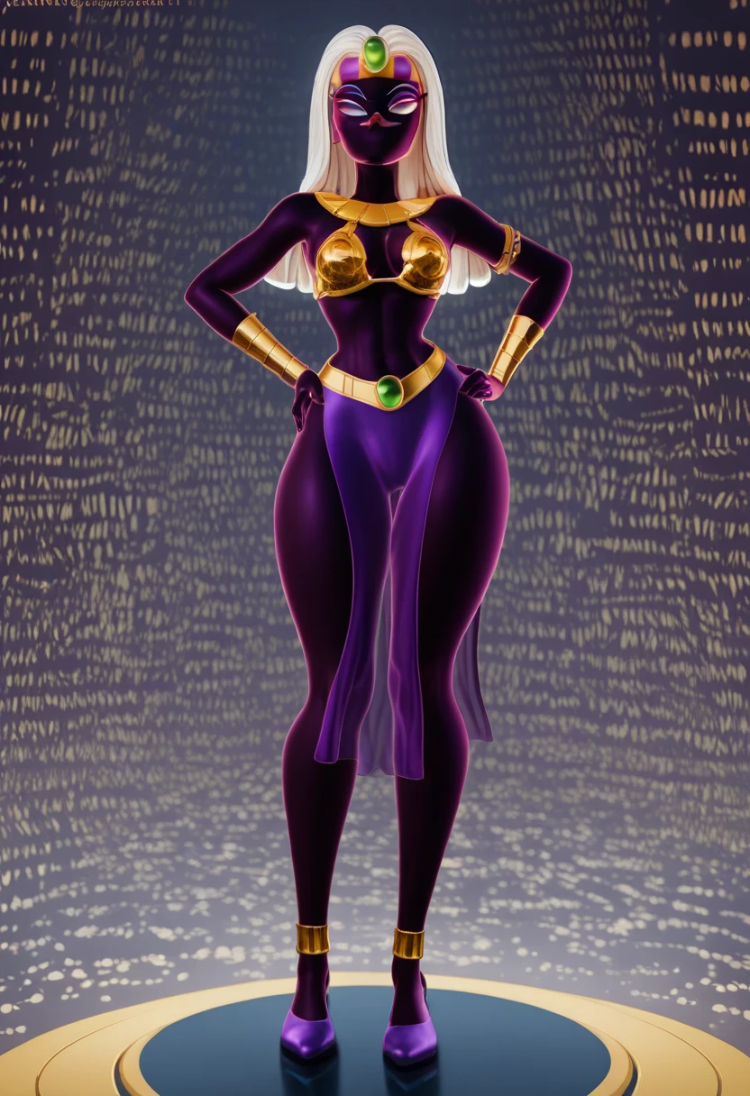 Full body, masterpiece, 1solofemale drow elf purple skin standing pose (yellow tiger bikini) red cape, red bikini, long white hair, strong body, abs, Ultra Quality, shiny skin, Atmospheric, 8K, Cinematic ((PLAIN WHITE background)) BREAK, sunglasses