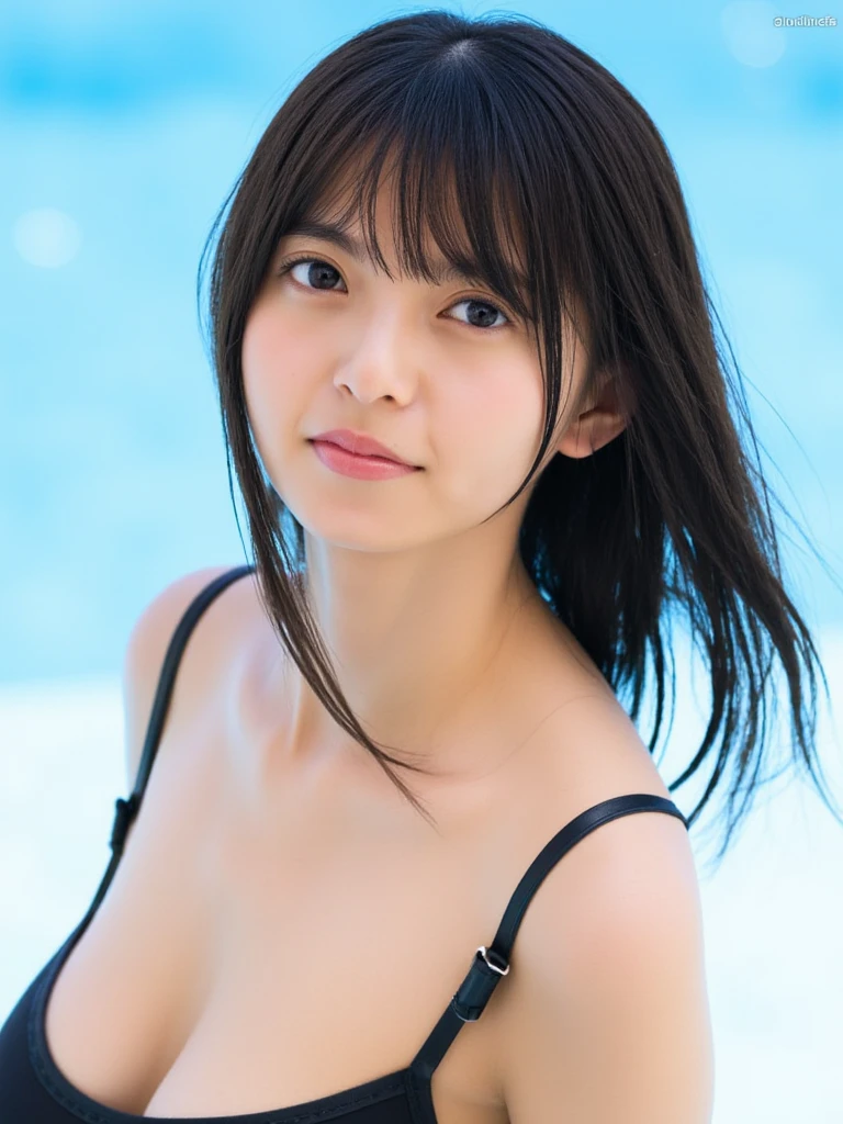 top-quality、masterpiece、8K、life-like、Cute 20s girl(A dark-haired、poneyTail、rather large breasts)、Lying by the pool、、A smile、white school swim suit、Gravure photography、