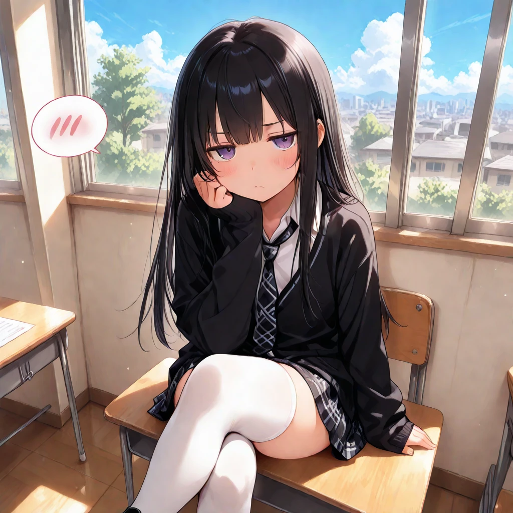 A 16-year-old high school girl with long black hair and wearing a school uniform, squatting down and opening her legs while shedding tears.