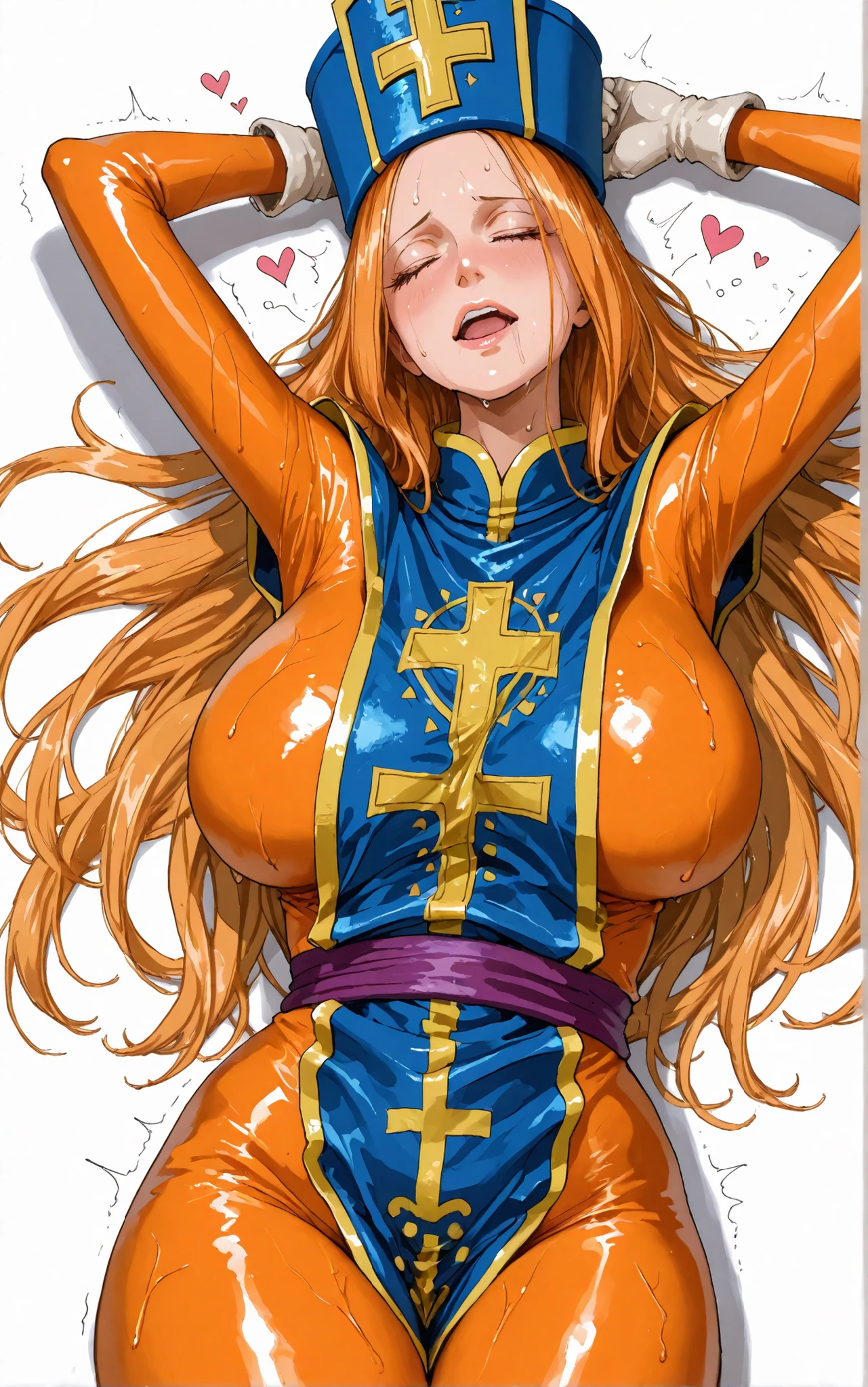 open mouth,,orange , tabard, gloves, mitre, blue headwear,pr13st,orgasm_face,,onepiecestyle,Highest Quality, masterpiece, super high resolution, Sleeping Beauty 、 , Clear Skin, Lying Pose, half-open lips, cheerful cheeks, long eyelashes, tousled hair, Full Body Line, white background, Sensual Sleeping Face, soft shadows、embarrassed expression、shame、sweat、Heart Effect、cowboy shot