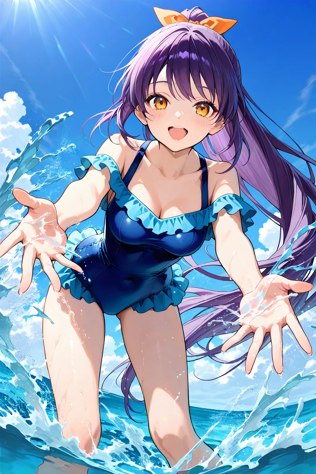 ((masterpiece)), ((best quality)), (ultra-detailed), ((kawaii)), cute, (lovely), illustration, anime style, 1girl, cute girl, solo, full body, full body focus, School poolside, outdoor, (beautiful eyes), beautiful straight hair, long hair, slim, slender, medium breast, (Dark blue school swimsuit), seductive smile, dynamic pose, (Innocence and frolicking:1.4), (light rays:1.3).