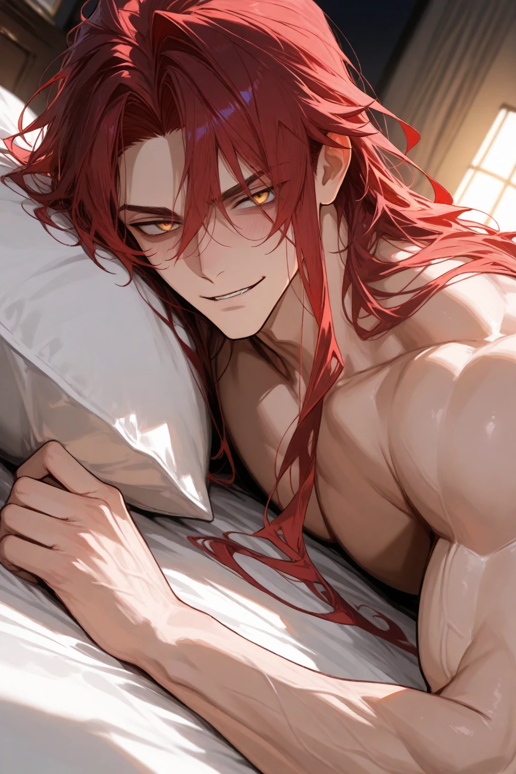 red hair woman,short and straight,messy locks giving a youthful appearance,slanted emerald green eyes,White skin,good body with little muscle,dragon tattoo on the right shoulder and part of his back,half naked,wears white baby doll with red lace, lying face down,holding a red heart pillow,