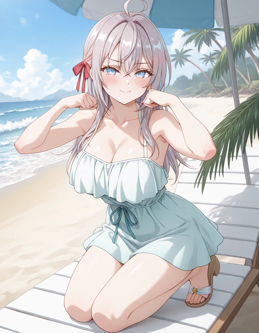 score_9, score_8_up, score_7_up, score_6_up, source_anime, BREAK 1girl, looking away,sumCor, black hairband, hair flower, flower necklace, bracelet, white bikini, bikini skirt, big breasts, shiny skin, sitting, beach, blue sky, clouds, blush, smile with teeth