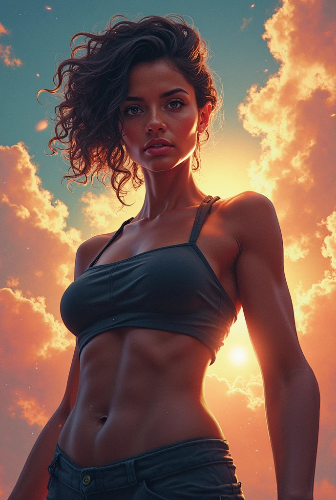 masterpiece,best quality,studio lighting,confident pose,wild look,wild,fighter,perfect face,perfect hands,detailed lips,detailed nose, detailed eyes,(((mature woman,30-years-old))),(((dark skin),curly hair,(medium hair),dark hair,blue eyes,glowing eyes)),small mouth,[abs:0.4],realistic colors,desert scenery,(ripped shirt,ripped pants,white shirt with golden details,torn clothes,golden details,white pants),wolf ears,flattered hair,cowboy shot