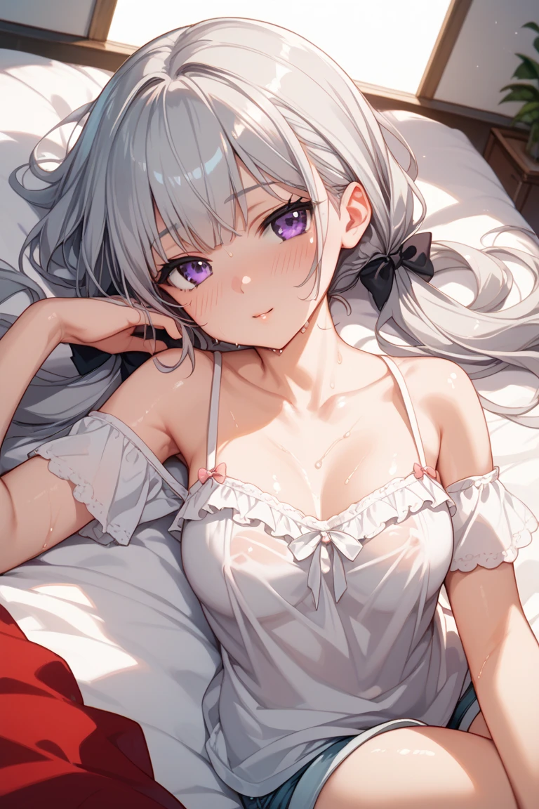((Masterpiece, Best quality))++, Detailed light+,  Detail hair+, detail hand+ ,1girll, woman, Long hair,   dark red eye,  Beautiful eyes, Young gray hair,,(Beautiful white hair:1.5),(Beautiful detailed eyes), ,    high resolution+,   Masterpiece,  , Glass tones, Reflective eyes,  {{Angle}} , extremelydetailedwallpaper, Original,full bodyesbian,Bedrooms,upper legs, Beth,starrysky,Issuing,,swim wears,,naturey
