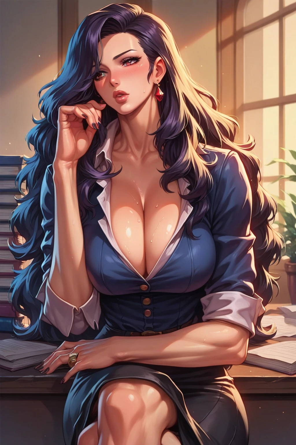 masterpiece, high quality, intricate details, illustration, perfect lighting, perfect everything, sexy Elvira, detailed blue eyes, black eyeliner, purple eyeshadow, big breasts, cleavage, black dress, film, bokeh, professional, 4k, highly detailed high saturation,téton