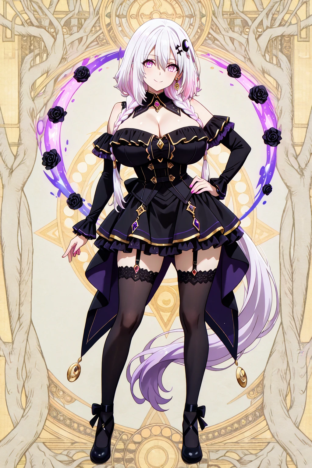highest quality、Detailed Description.                                       Woman 1,22 years old，Perfect double eyes，Perfect limbs、Accurate ???????、Detailed Description，Super Beauty，Slender beauty、short hair、blonde，Golden eyebrows，Pink Cheeks,Beautiful Skin，White and deep purple idol costume、Dark purple panties、Black knee-high socks、Beautiful big breasts、Exposed thighs，sing、Dancing、Try as hard as you can，Are you okay，Vibrant，(((Big smile)))，((Sweat:1.2)).                                                         Live Stage，The pink spotlight shines on her.