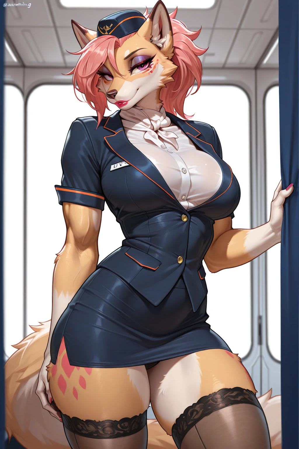 (masterpiece, best quality)), (Anthro Furry:1.3, muzzle:1.2, Anthro:1.3, Furry:1.2, closeup:1.2, female solo:1.2, (wearing Russian military coat) military pants, wearing glasses, Fox spiraled in the colors of Funtime Foxy,Five Nights at Freddy,white skin pink details, pink eyes, sexy position, deserted ambient place, Russian general military hat.