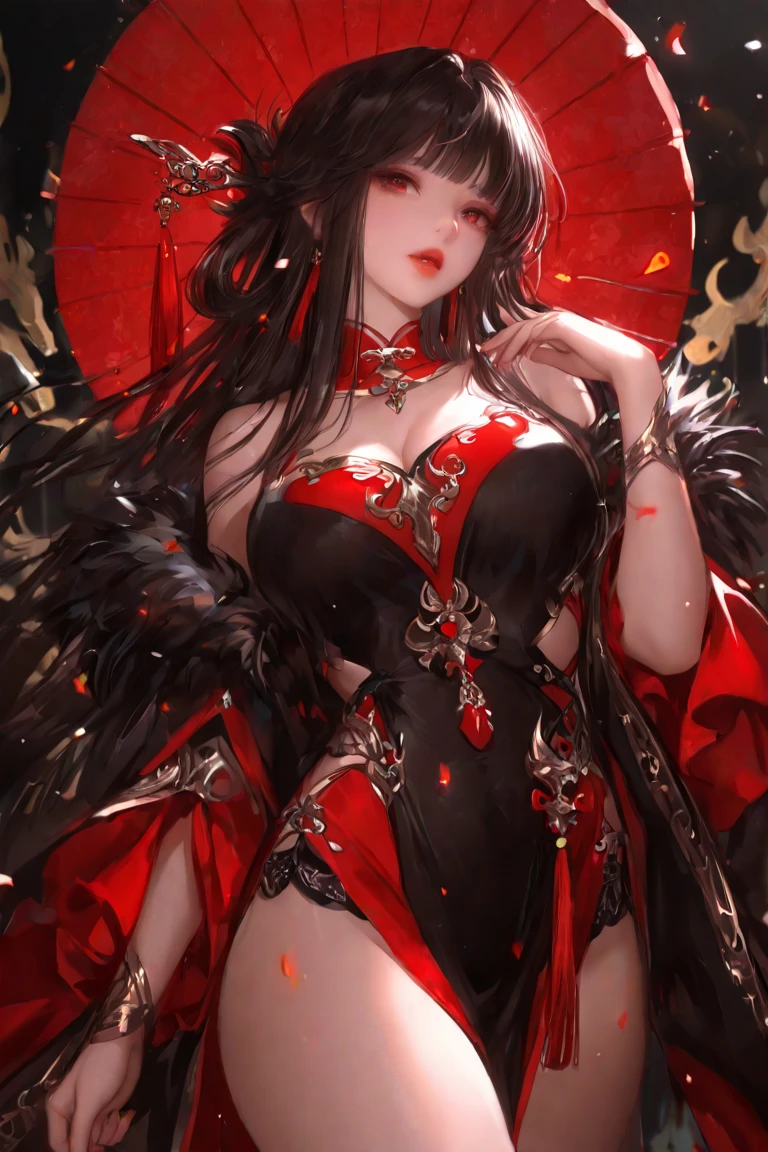 (masterpiece), best quality, expressive eyes, perfect face,high quality eye, clear eyes, red eyes, red eyes, standing in street, night time, perfect curvy body, big thighs, big calf, hd high quality image, 4k quality, fill size image, fill character, top to bottom, full size image, top to bottom, red angle strap heels, red angle strap heels, cleavage, cleavage, high quality, 4k transparent black black tight legging, 