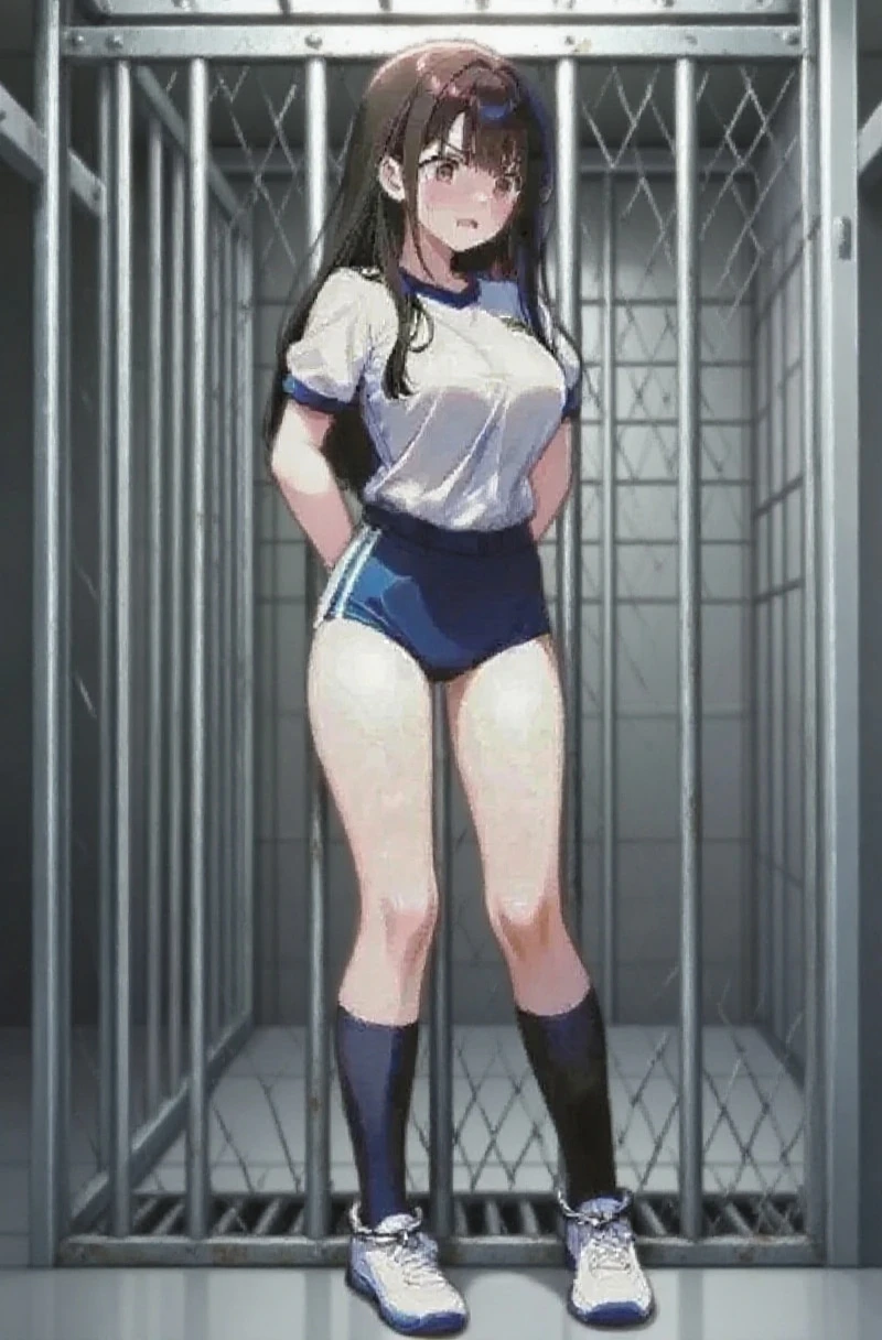 Slender and sexy woman,Black thigh-high boots,Beige jean shorts,Chained,Crucifixion,Put your hands behind your back,Folded ponytail,suspension,profile,in the train,
