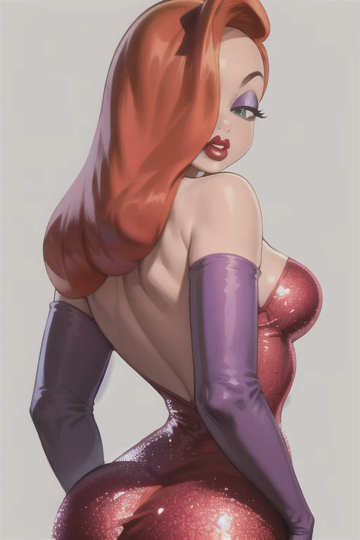 masterpiece, best quality,
1girl, jessicarab, red hair, long hair, hair over one eye, green eyes, bare shoulders, cleavage, red dress, strapless, lipstick, makeup, purple elbow gloves,
upper body, solo, looking at viewer, simple background <lora:JessicaRabbit:1>