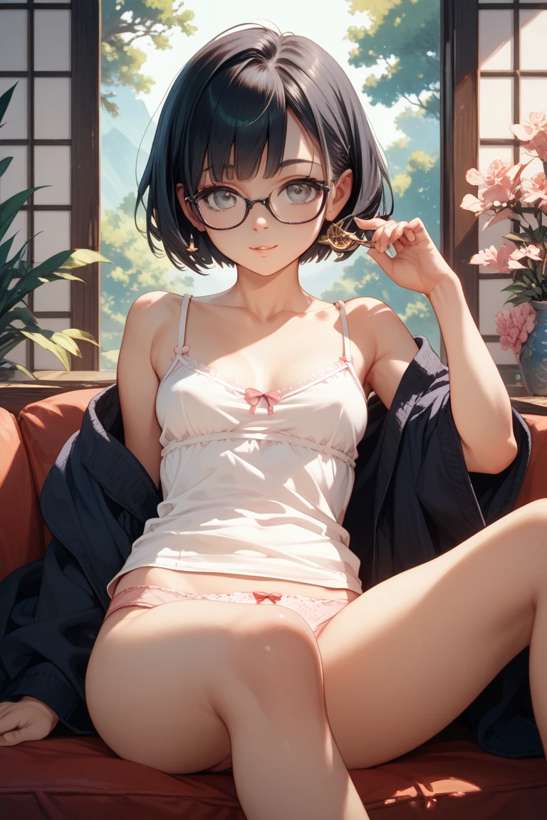 a girl lying on a bed, beautiful detailed eyes, beautiful detailed lips, extremely detailed face, long eyelashes, Nude, small breasts, erect nipples, pale skin, (best quality, 4K, 8K, highres, masterpiece:1.2), ultra-detailed, (realistic, photorealistic, photo-realistic:1.37), soft lighting, bedroom interior, minimalist aesthetic, warm color palette((Open your legs))((Glasses、Short Hair))