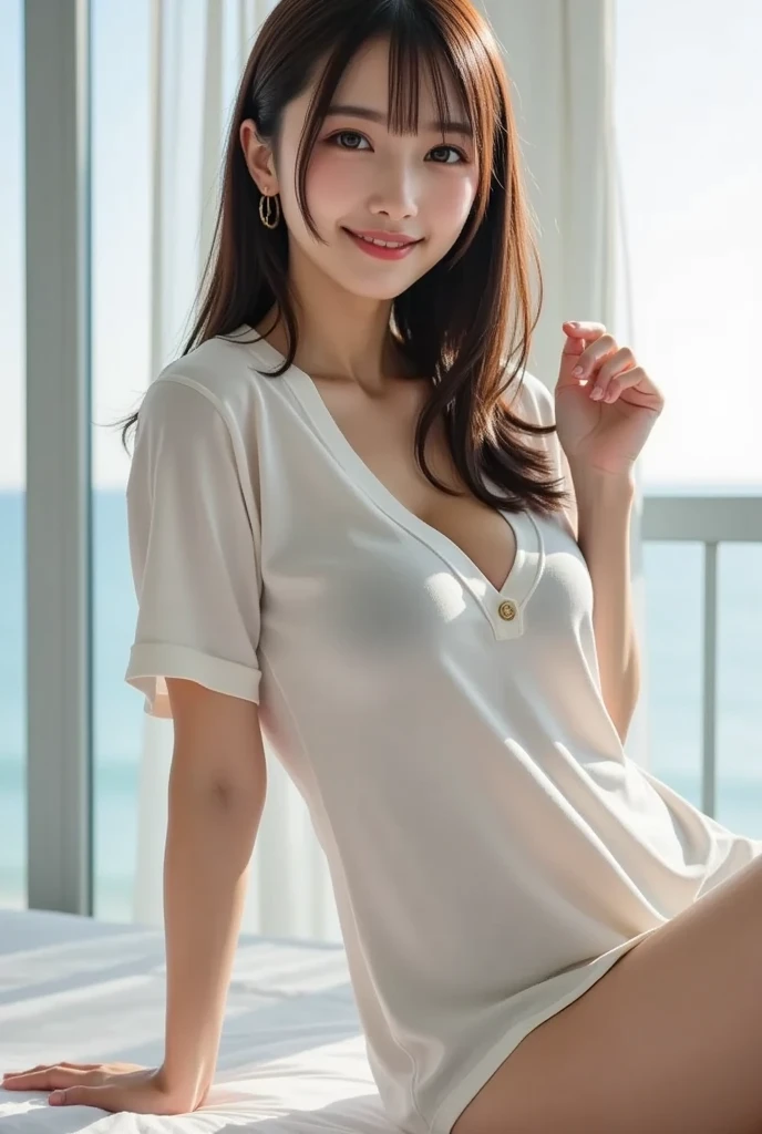 Highest quality、Highest quality、、masterpiece、Brown Hair、long hair、Beauty、Gal、summer、smile、Young Japanese Woman、lightly larger breasts、Sexy Looks、Beautiful feet、Sexy pose、T-Shirts、I can see a little bit of underwear.、Panty shot