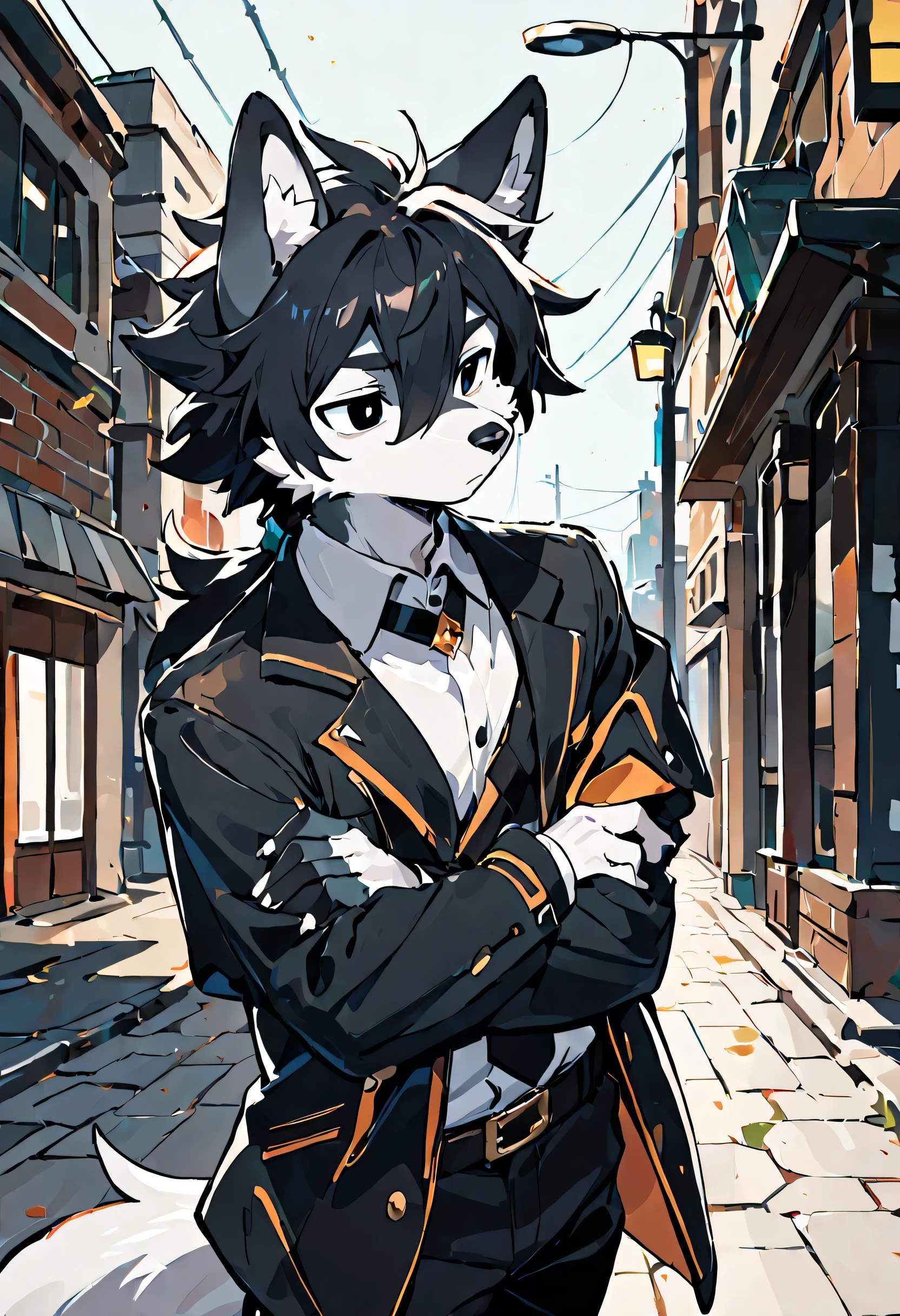 Wolf，（black eyes）（skin：1.3）（dark hair ：1.2），furry，Boring，Fashion,waiting alone on the street， clear and clean background 
