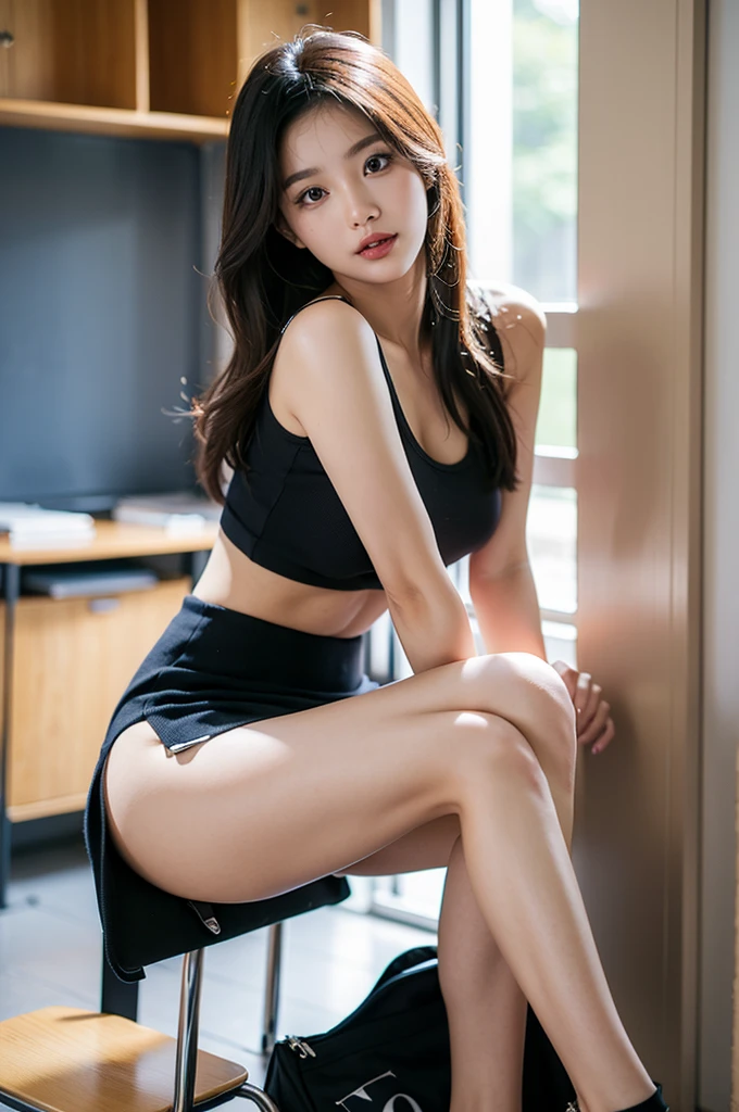 whole body, highest quality, Realistic, Very detailed, finely, High resolution, 8k wallpaper, 1. Beautiful woman,, light brown, Shaggy Hair, Wear a business suit, Sharp focus, Perfect dynamic composition, Beautiful and detailed, Thinning hair, Detailed Realistic skin texture, smile, Close-up portrait, Model Body Type,Cleavage、筋肉質で長くBeautiful legs、Beautiful feet、Super mini tight skirt、Sit on a chair、thin black pantyhose、彼女のI can see the toes of her high heels、Perfect Style、Perfect long legs、Beautiful legs、healthy and long legs、Poses that accentuate the legs、Perfect composition,Sexy pose revealing the crotch、Highlight your nipples、I can see the toes of her high heels、Spread your legs、Showing panties、