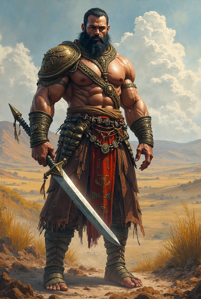 warrior wearing a helmet, with a helmet , who looks towards the horizon with arrows planted in his body
