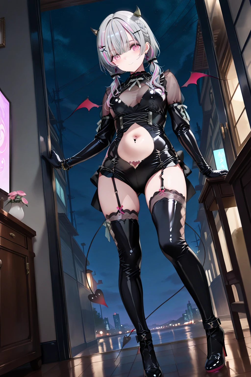 A very giantess succubus,with black skin and with white hair, horns and red eyes, with long sexy legs walks around destroying all the small town around him and crushing the little people. The shot is taken from below her legs as she looks down with contempt and disgust, highlighting her outfit which is very sexy and tight, marking her nipples through her clothes. very tall succubus, giant, tall, tiny city, destroyed floor, heels, sexy, transparent pantyhose, evil, better quality, very closer photo, crushing, hot, sexy.