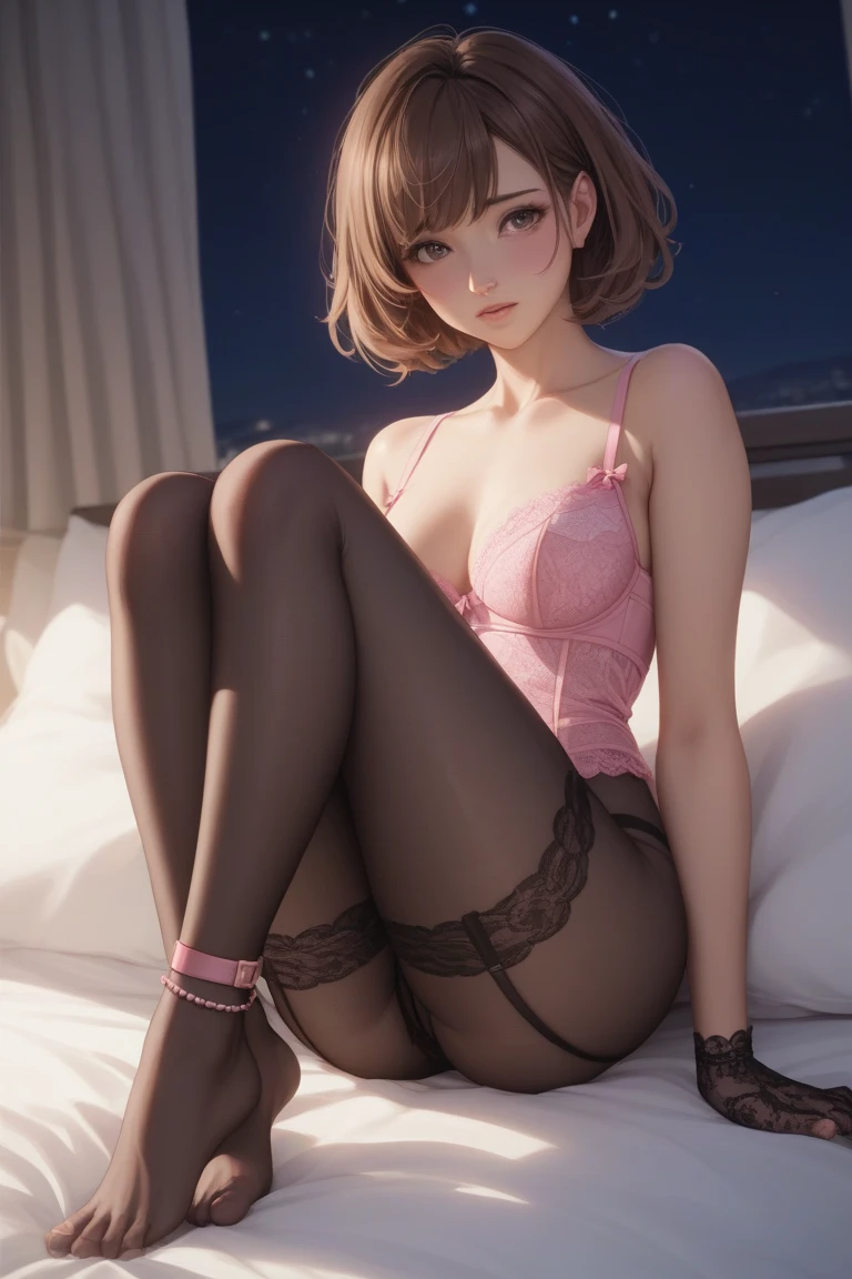 Minnie Mouse is standing, Sexy beautiful face, Doe-shaped eyes, full lips. slender body, breath taking beautiful, bright, all-encompassing cinematic, 8 k, cinematic lighting, Best quality, 4K, perfect body, perfect long legs, (white stockings), ((pink outfit)), Tiny body, slender body, thin waist, short brown hair, (tight black lace shirt, red high waist pleated miniskirt with white polka dots). Lingerie, Spread your legs, the whole body is visible