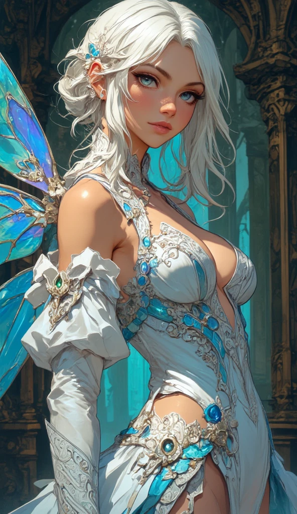 <lora:Mythpunk:1.2>, (3/4 view:1.5), a gorgeous female elf, ethereal, mfantastic sheer dress, the dark crystal aesthetics,looking at viewer,