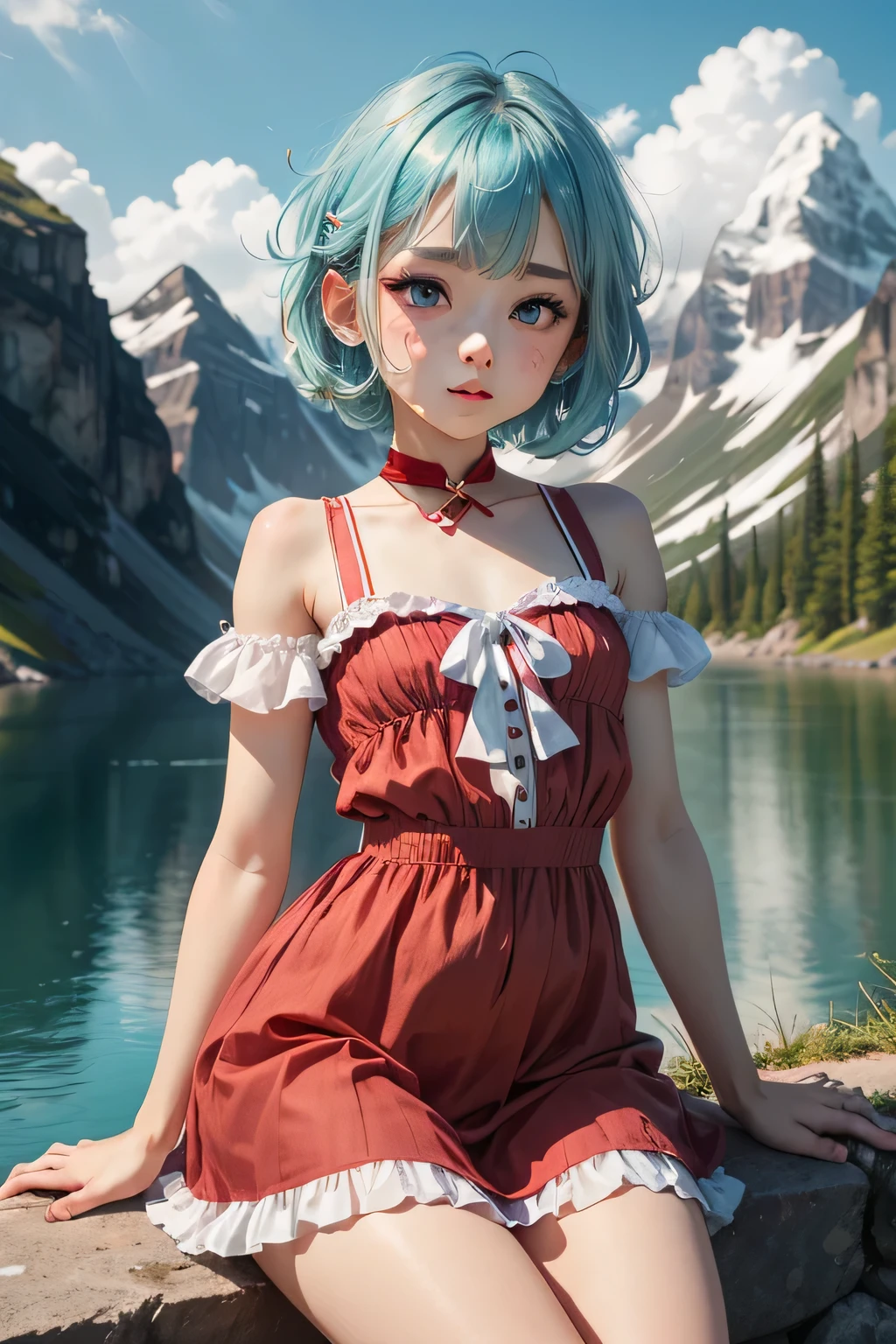 Femboy, otoko no ko, (flat chest), sexy body, white skin, smooth skin,((blue aqua hair)), short hair, shy face, blush on face, cute face, cute lips, blue eyes, frilled dress, medium dress, red and gold dress,sexy fose, cute fose, mountain flower background frame